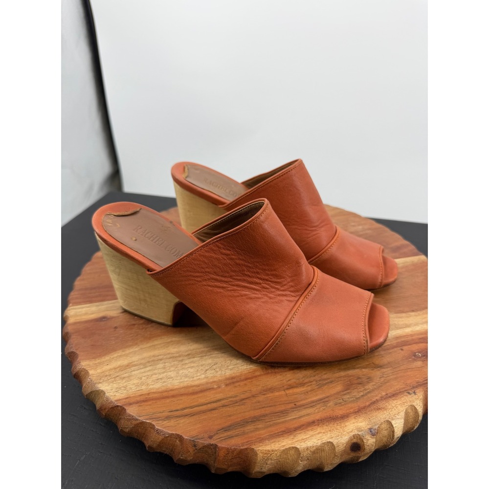 Rachel Comey Dahl Leather Wood Block Heel Mules Women 7.5 Orange Peep Toe Slides